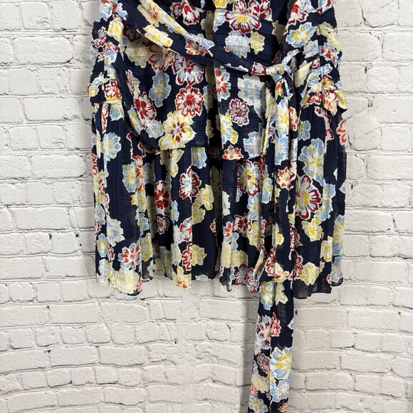 Tanya Taylor Brynn Floral Mini Wrap Dress Womens 18 Navy Floral Flutter Sleeves - Picture 11 of 16
